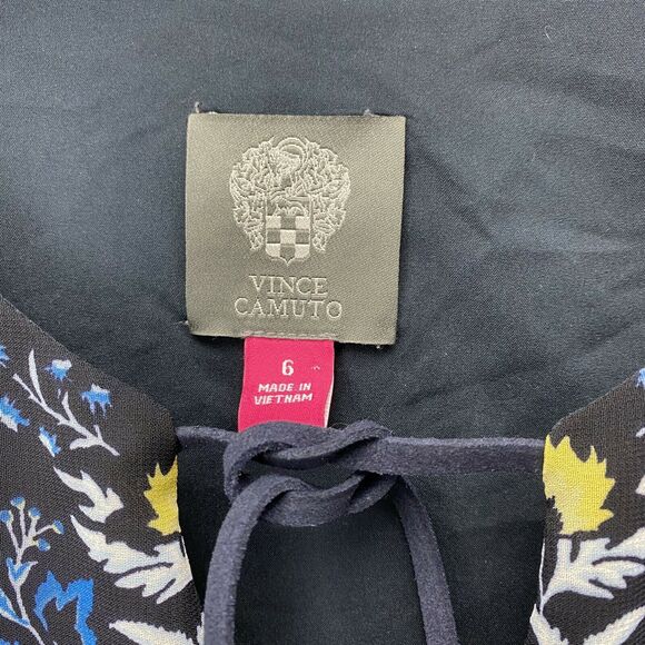 Vince Camuto Mini Dress Sz 6 Navy Blue Floral Tiered Ruffled Sleeve Tassels NEW - Picture 3 of 11